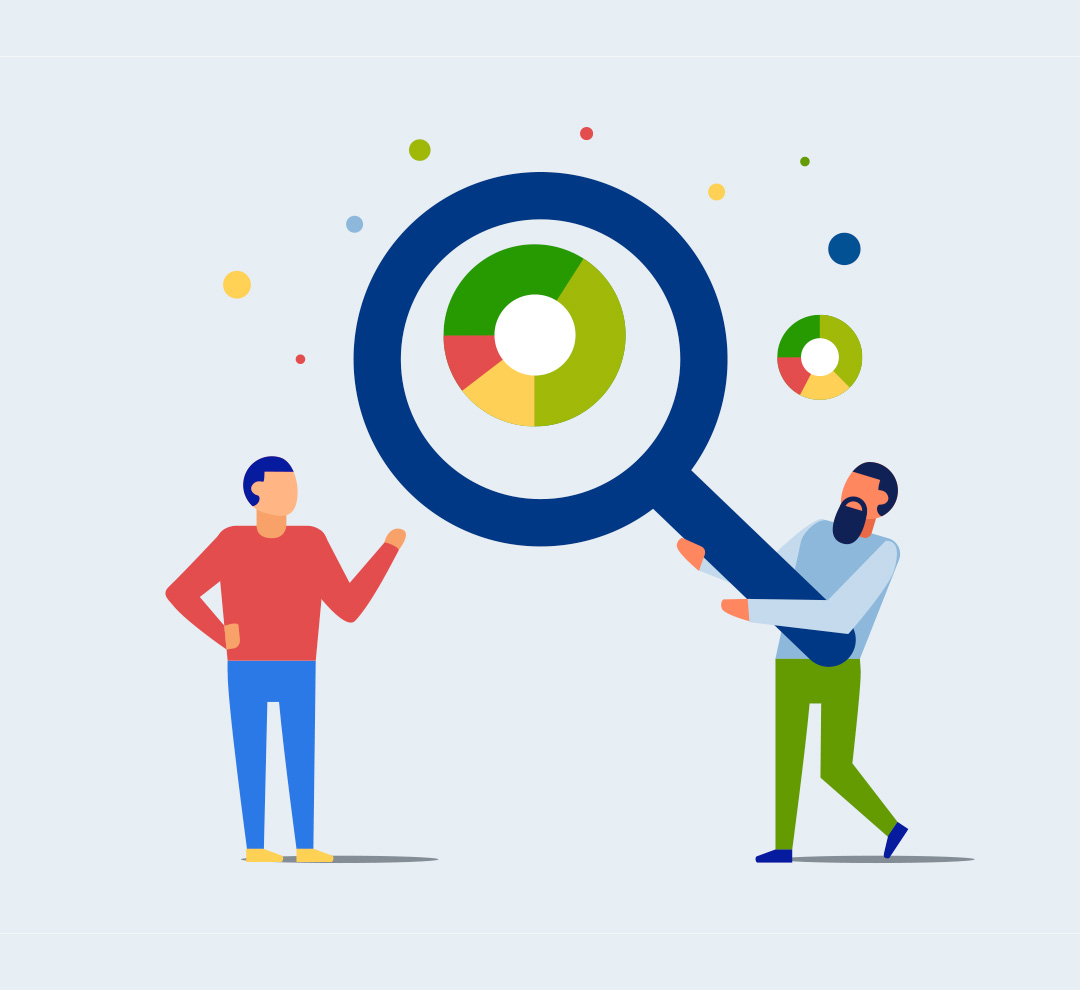 Illustrated graphic of two figures examining a large magnifying glass with colorful data charts, representing data analysis and insights