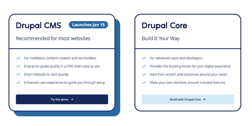 two tables showing the differences between Drupal Core and Drupal CMS